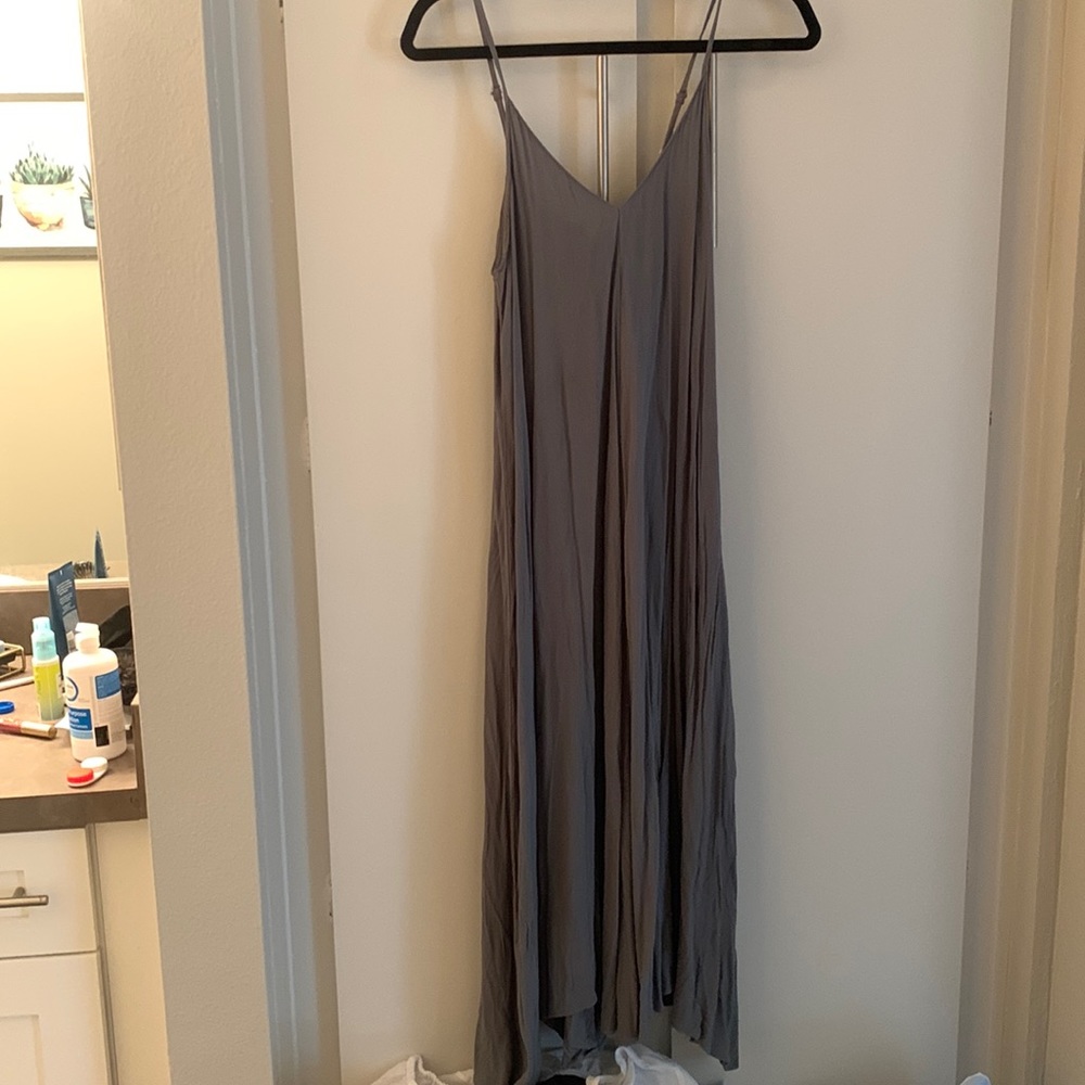 Mid length flowing blue-gray dress
